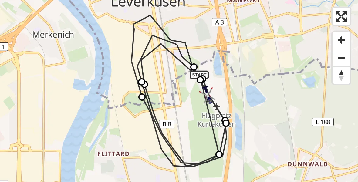 Flugroute Polizeihubschrauber Leverkusen Flugplatz - Leverkusen Flugplatz, 24 August 2026, 12:02