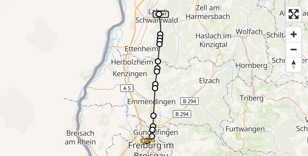 Flugroute Ambulanzhubschrauber Ortenau Hospital Lahr-Ettenheim - Freiburg im Breisgau Flugplatz, 24 August 2026, 12:04