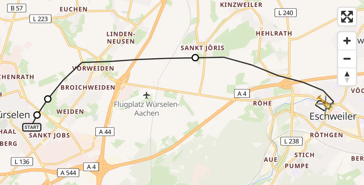 Flugroute Rettungshubschrauber Rhein-Maas Hospital - Eschweiler, 24 August 2026, 12:10