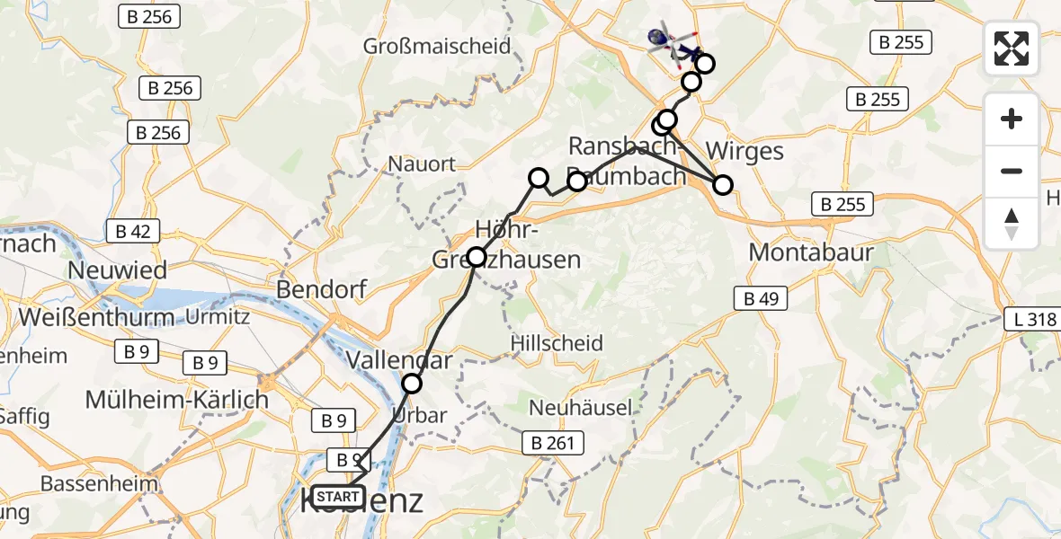 Flugroute Polizeihubschrauber Koblenz - Nordhofen, 24 August 2026, 12:10