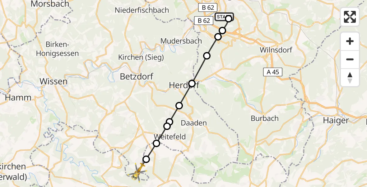 Flugroute Rettungshubschrauber Evangelisches Jung-Stilling Hospital - Mörlen, 24 August 2026, 12:12