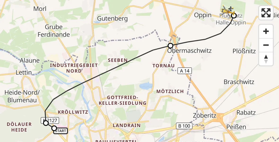 Flugroute Rettungshubschrauber Halle (Saale) University Hospital - Halle-Oppin Flugplatz, 24 August 2026, 12:13