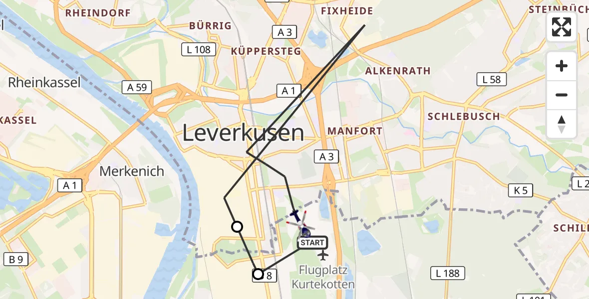 Flugroute Polizeihubschrauber Leverkusen Flugplatz - Leverkusen Flugplatz, 24 August 2026, 12:14