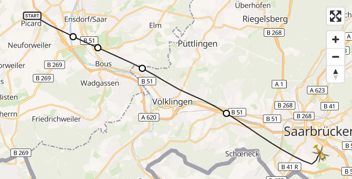Flugroute Rettungshubschrauber Saarlouis - Saarbrücken, 24 August 2026, 12:16