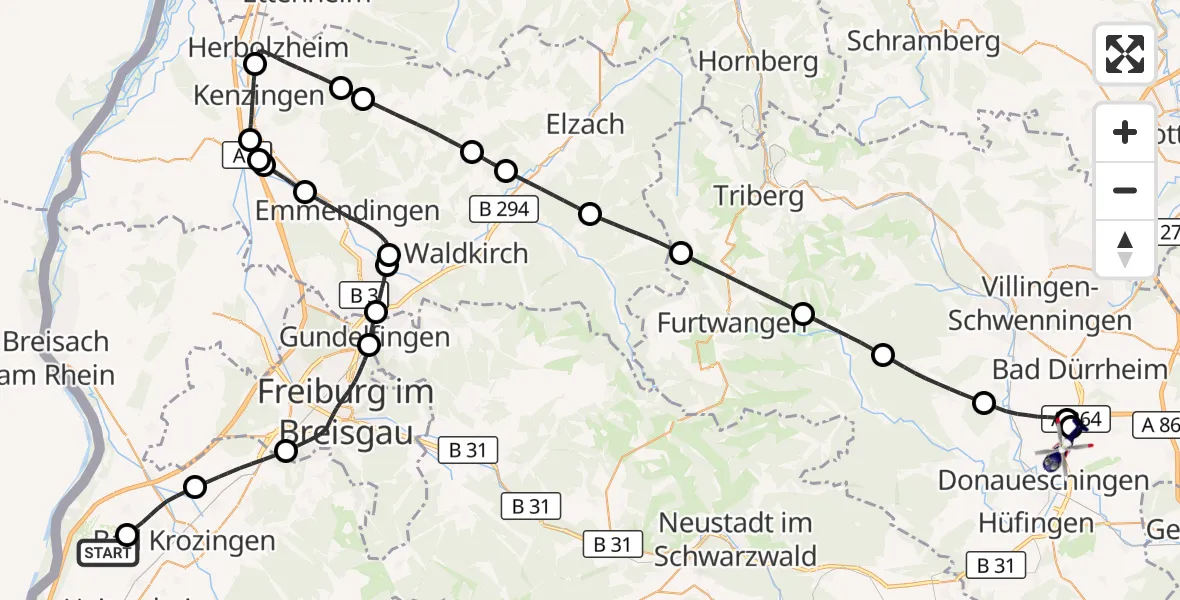Flugroute Polizeihubschrauber Hartheim am Rhein - Donaueschingen-Villingen Flugplatz, 24 August 2026, 12:20