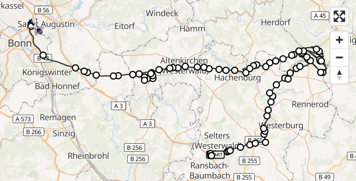 Flugroute Polizeihubschrauber Nordhofen - Sankt Augustin, 24 August 2026, 12:22