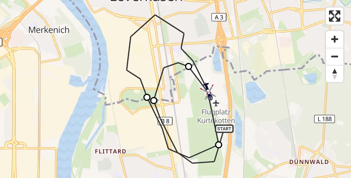 Flugroute Polizeihubschrauber Köln - Leverkusen Flugplatz, 24 August 2026, 12:22