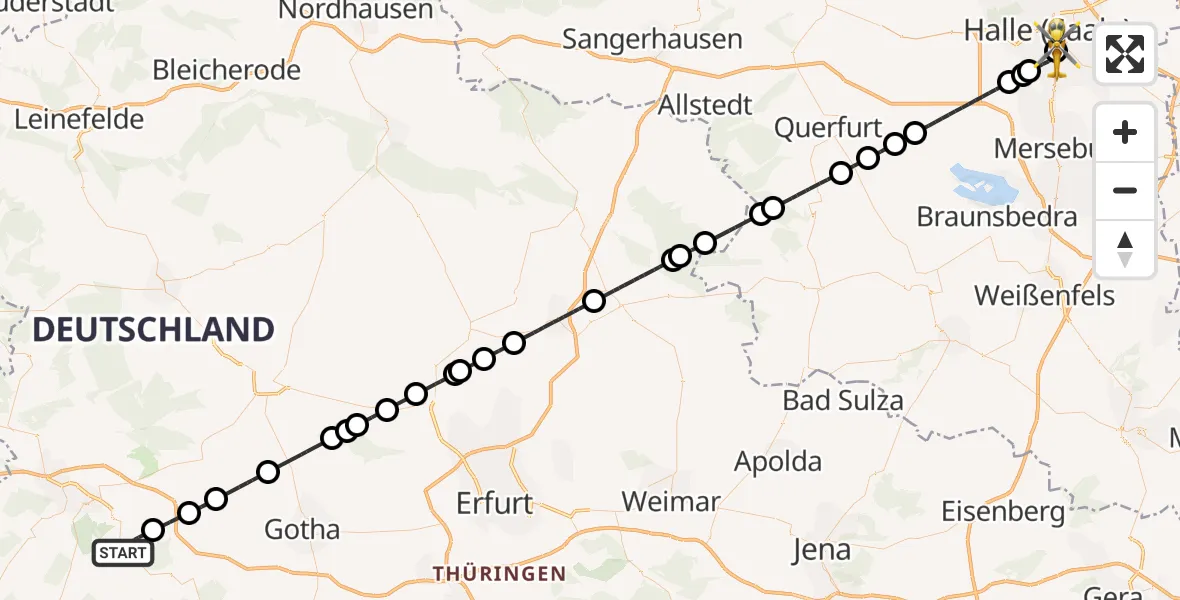 Flugroute Rettungshubschrauber Wutha-Farnroda - BG Hospital Bergmannstrost Halle, 24 August 2026, 12:30