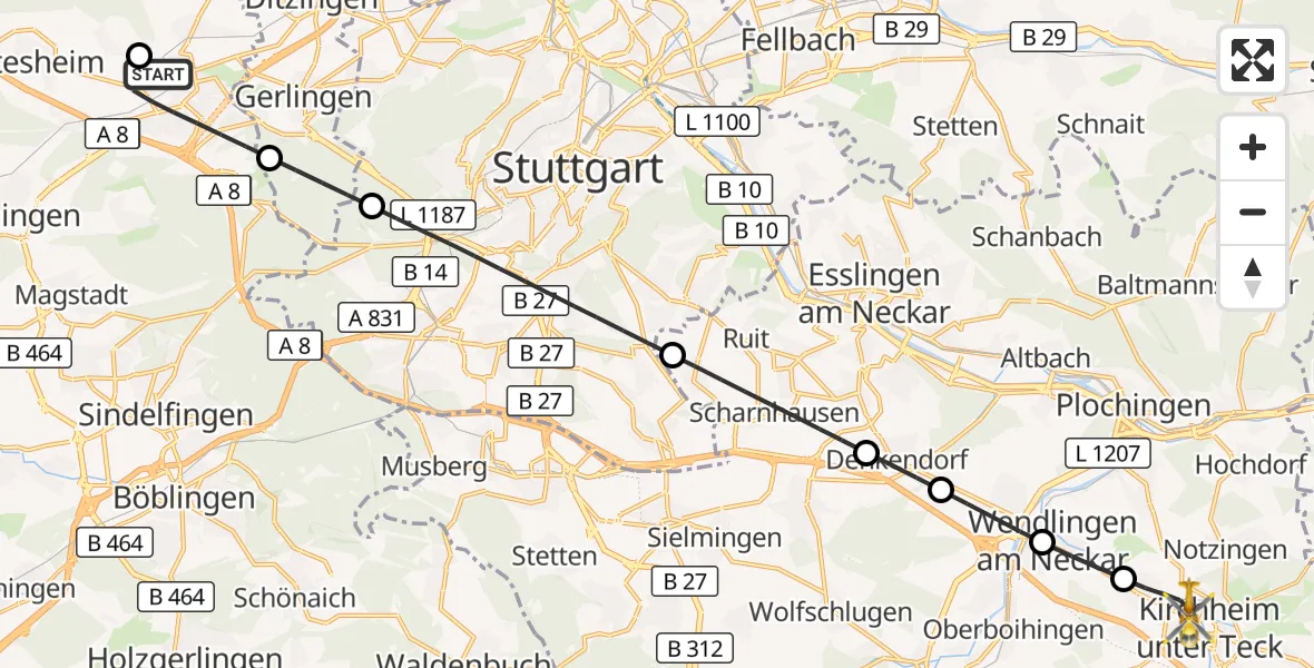 Flugroute Rettungshubschrauber Leonberg Hospital - Kirchheim unter Teck, 24 August 2026, 12:32