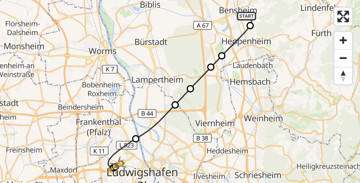 Flugroute Rettungshubschrauber Bensheim - Ludwigshafen Accident Hospital, 24 August 2026, 12:38
