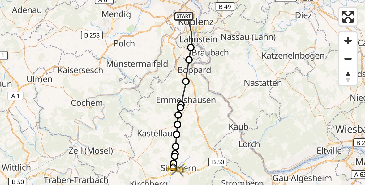 Flugroute Rettungshubschrauber Koblenz - Simmern/Hunsrück, 24 August 2026, 12:41