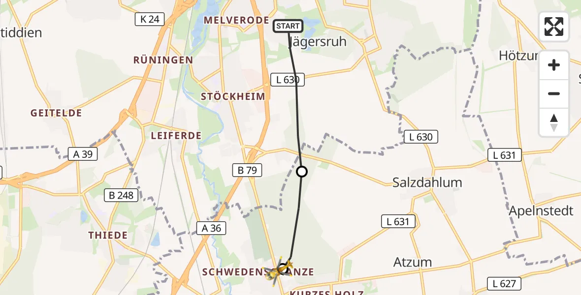 Flugroute Rettungshubschrauber Braunschweig - Wolfenbüttel Municipal Hospital Hubschrauberlandeplatz (Christoph 30), 24 August 2026, 12:44
