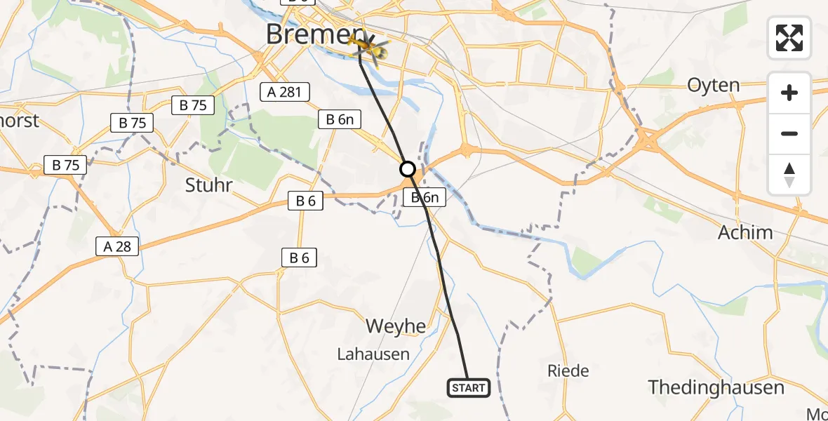 Flugroute Rettungshubschrauber Weyhe - Bremen, 24 August 2026, 12:44