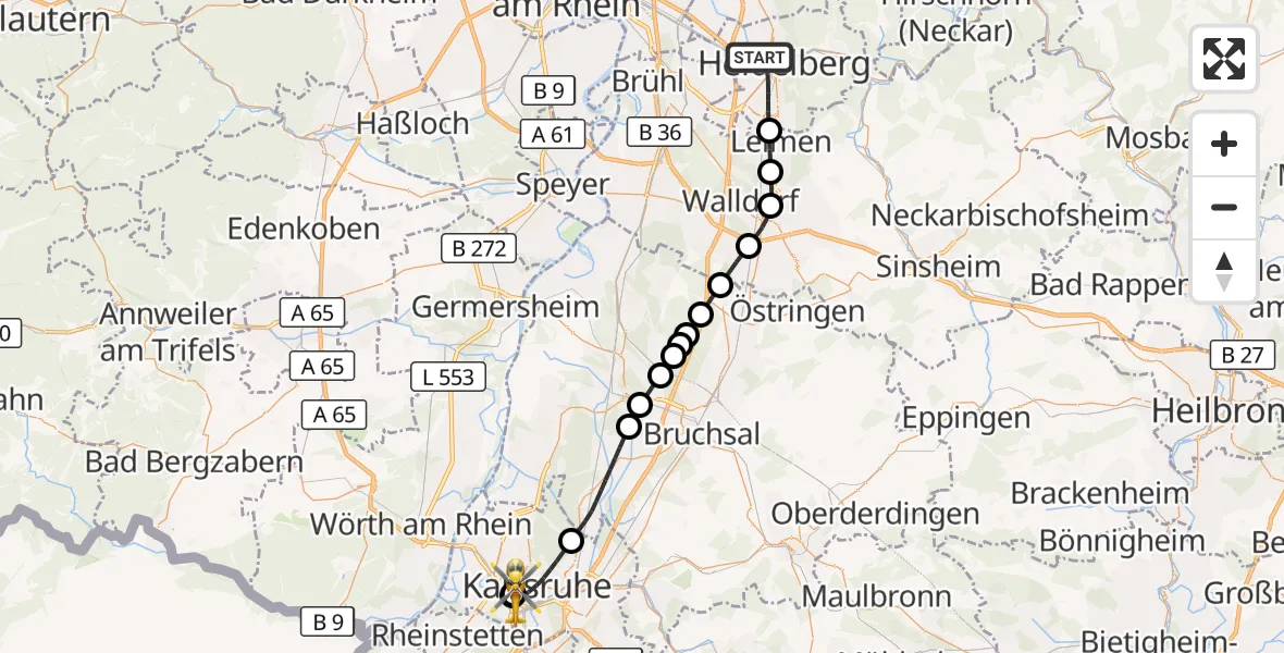 Flugroute Ambulanzhubschrauber Heidelberg - Sankt Vincentius Hospital, 24 August 2026, 12:49