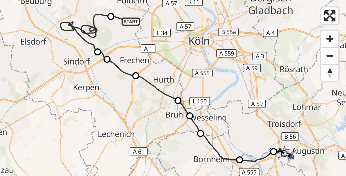 Flugroute Polizeihubschrauber Pulheim - Bonn-Hangelar Flugplatz, 24 August 2026, 12:57