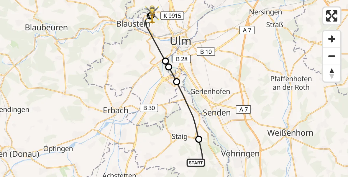 Flugroute Rettungshubschrauber Illerrieden - Ulm Military Hospital Emergency, 24 August 2026, 12:58