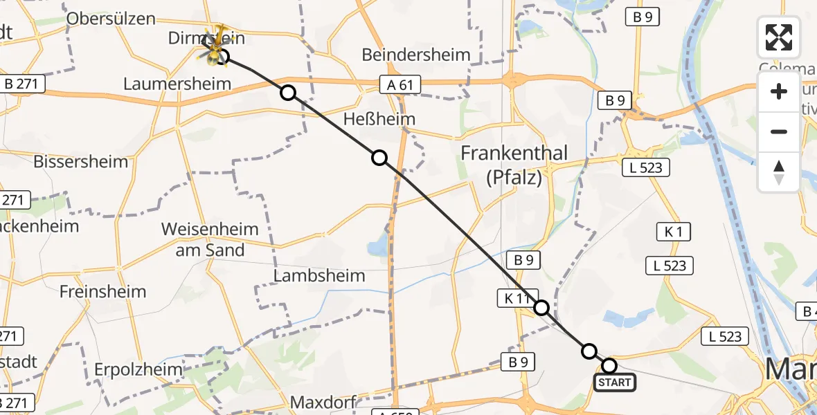 Flugroute Rettungshubschrauber Ludwigshafen Accident Hospital - Dirmstein, 24 August 2026, 12:59