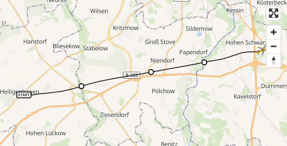 Flugroute Ambulanzhubschrauber Satow - Dummerstorf, 24 August 2026, 13:02