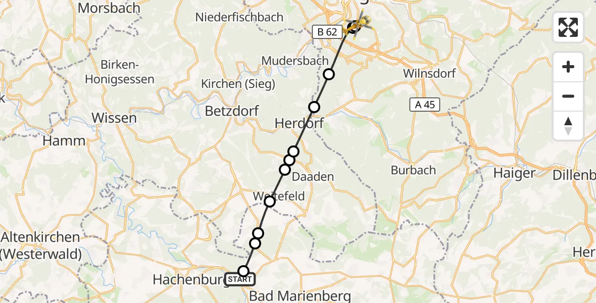Flugroute Rettungshubschrauber Unnau - Evangelisches Jung-Stilling Hospital, 24 August 2026, 13:03