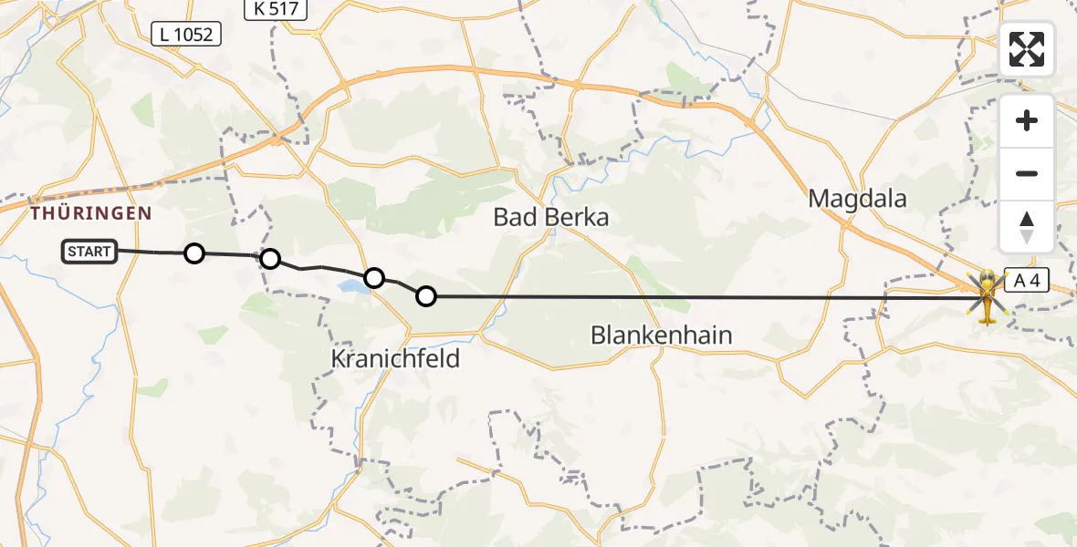 Flugroute Rettungshubschrauber Amt Wachsenburg - Bucha, 24 August 2026, 13:03
