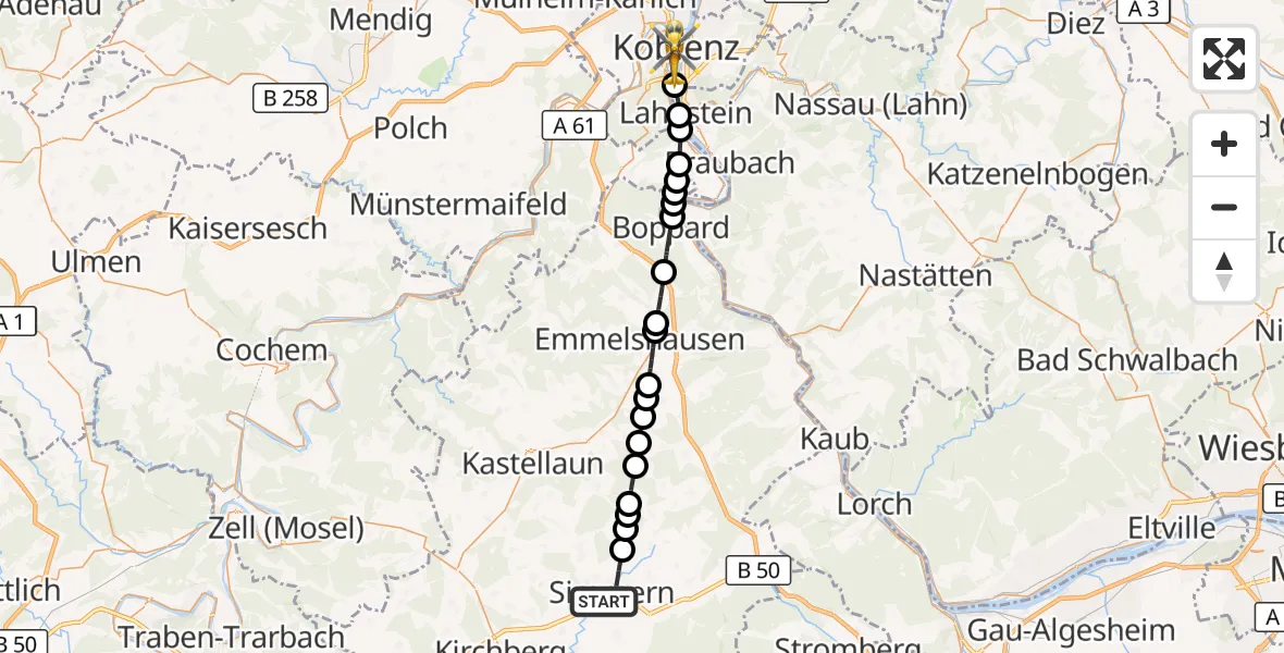 Flugroute Rettungshubschrauber Simmern/Hunsrück - Koblenz, 24 August 2026, 13:09