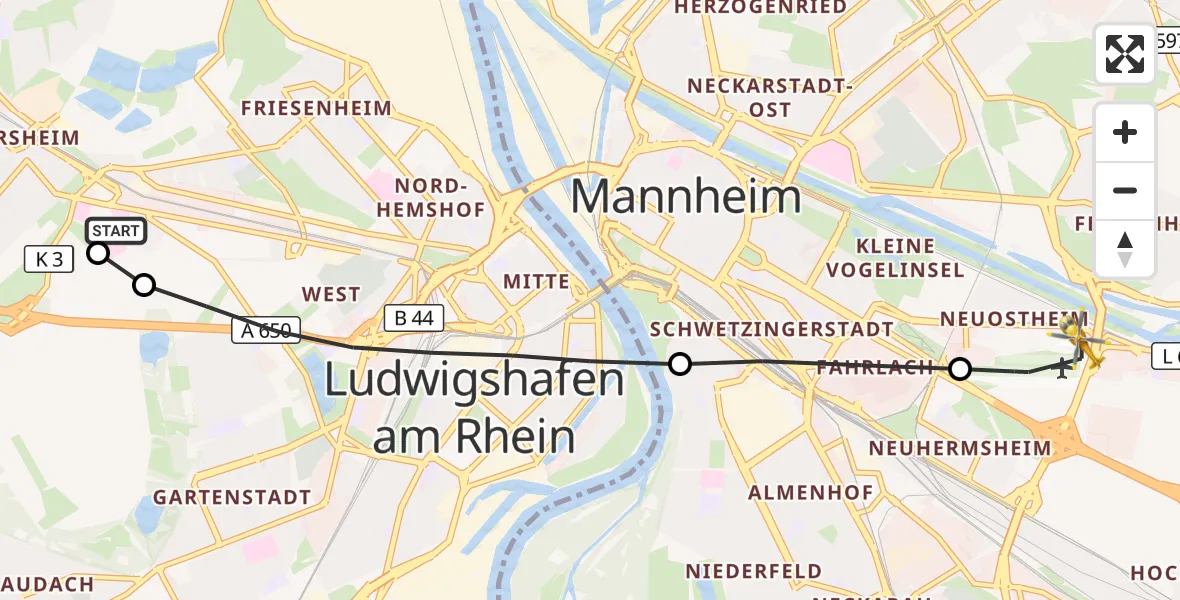 Flugroute Rettungshubschrauber Ludwigshafen Accident Hospital - Mannheim-City Flughafen, 24 August 2026, 13:10