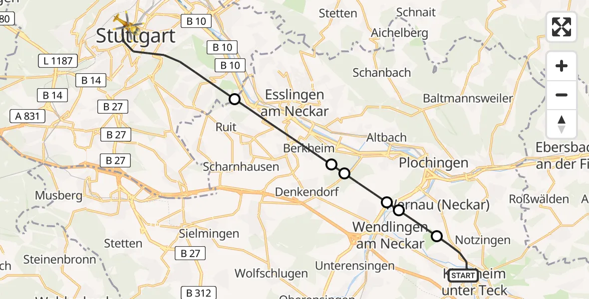 Flugroute Rettungshubschrauber Kirchheim unter Teck - Stuttgart, 24 August 2026, 13:11