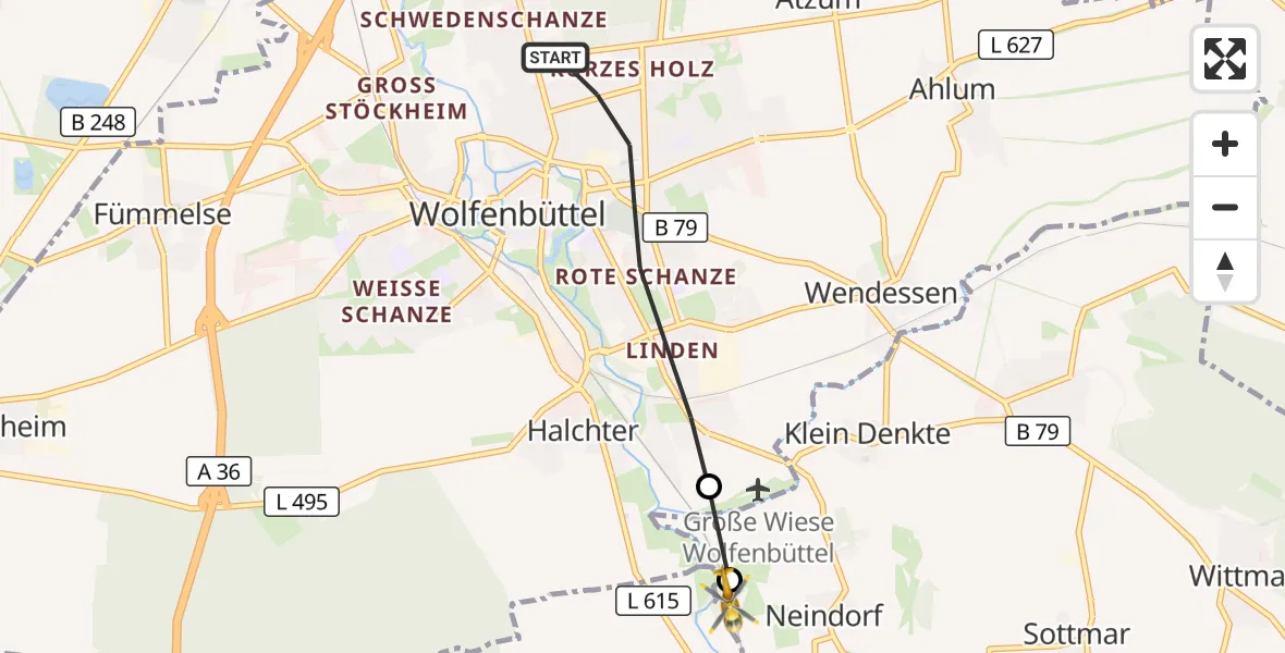 Flugroute Rettungshubschrauber Wolfenbüttel - Denkte, 24 August 2026, 13:15
