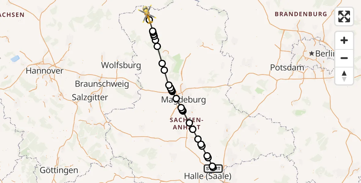 Flugroute Rettungshubschrauber Halle-Oppin Flugplatz - Salzwedel, 24 August 2026, 13:15