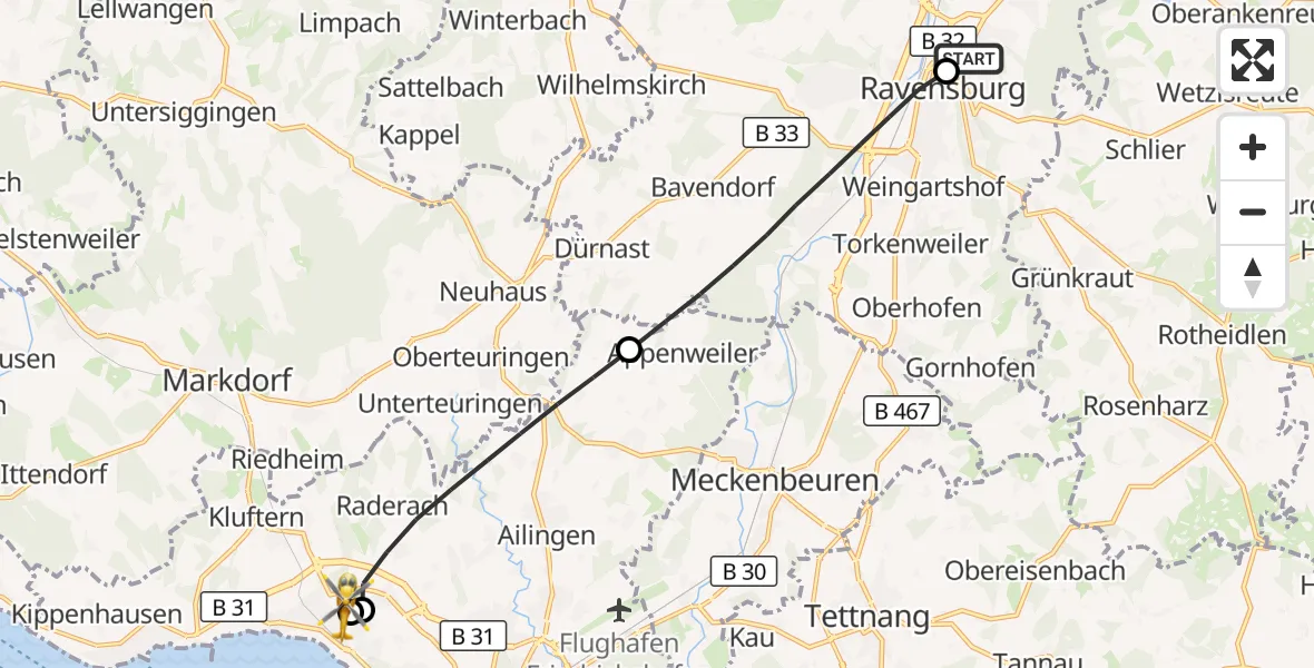 Flugroute Rettungshubschrauber Sankt Elisabeth Hospital - Friedrichshafen Hospital, 24 August 2026, 13:26