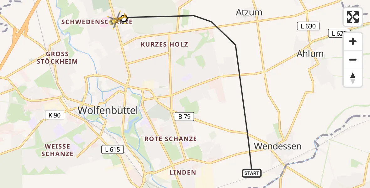 Flugroute Rettungshubschrauber Wolfenbüttel - Wolfenbüttel Municipal Hospital Hubschrauberlandeplatz (Christoph 30), 24 August 2026, 13:34
