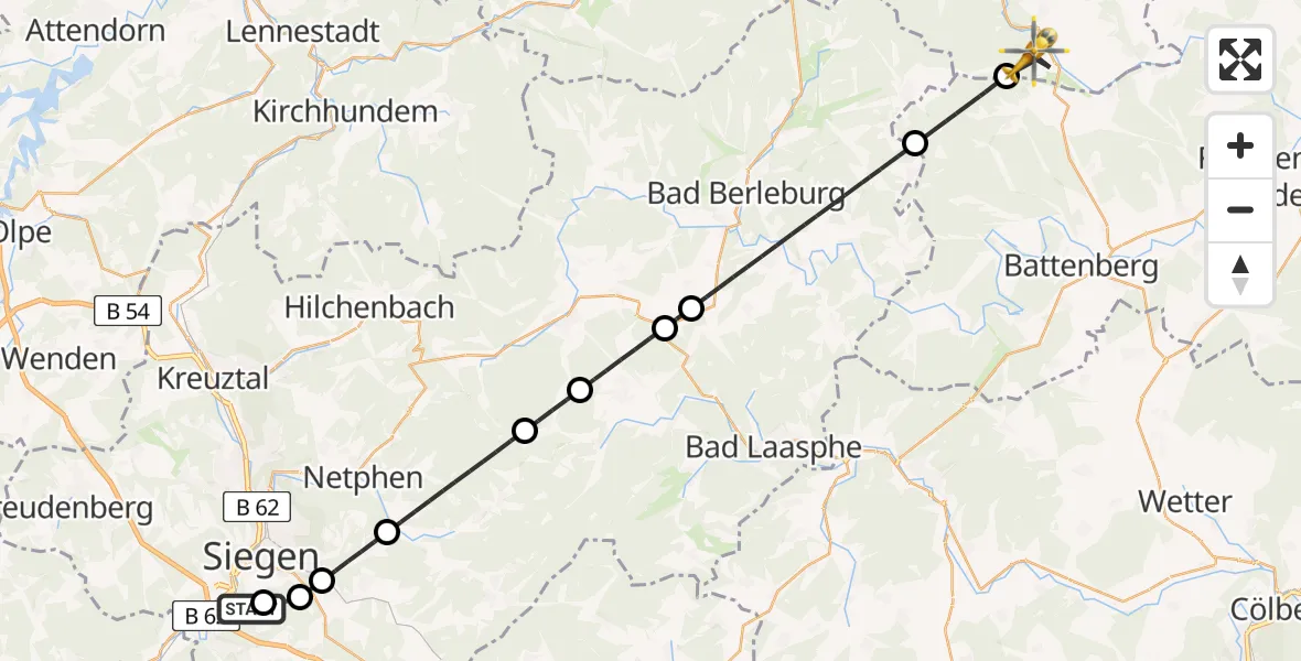 Flugroute Rettungshubschrauber Evangelisches Jung-Stilling Hospital - Hallenberg, 24 August 2026, 13:37