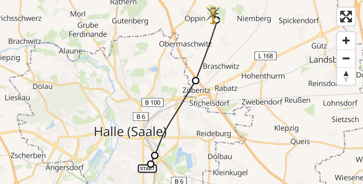 Flugroute Rettungshubschrauber BG Hospital Bergmannstrost Halle - Halle-Oppin Flugplatz, 24 August 2026, 13:39