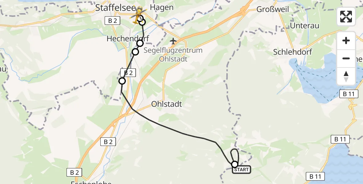 Flugroute Rettungshubschrauber Kochel a.See - Murnau Accident Hospital, 24 August 2026, 13:41
