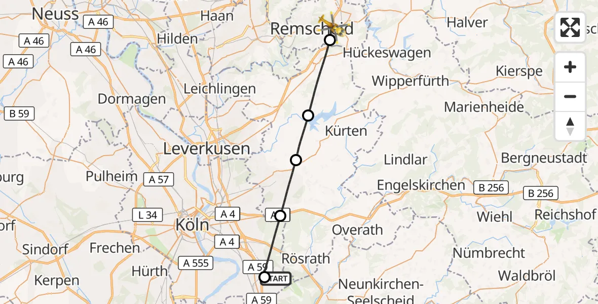 Flugroute Rettungshubschrauber Köln Bonn Flughafen - Remscheid, 24 August 2026, 13:42