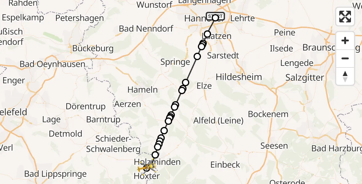 Flugroute Rettungshubschrauber Hannover Luftrettung Hubschrauberlandeplatz (Christoph 4) - Höxter-Holzminden Flugplatz, 24 August 2026, 13:43