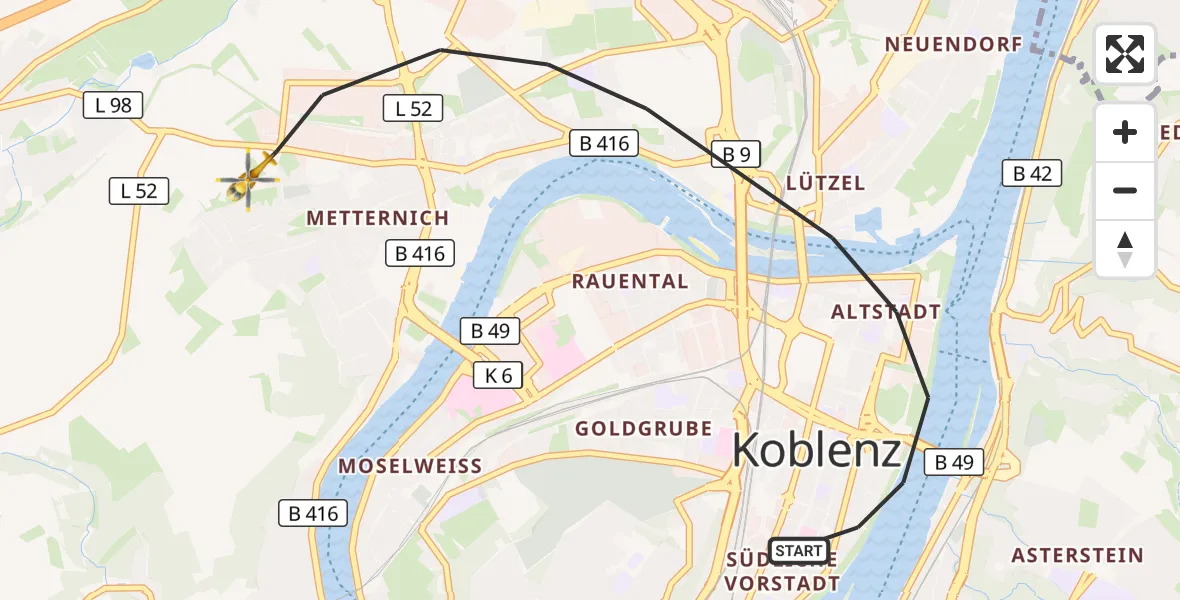 Flugroute Rettungshubschrauber Koblenz - Koblenz, 24 August 2026, 13:45