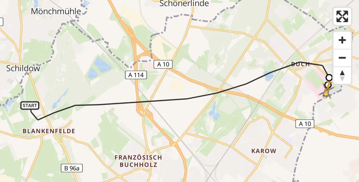 Flugroute Rettungshubschrauber Berlin - Helios Clinic Berlin-Buch, 24 August 2026, 13:46