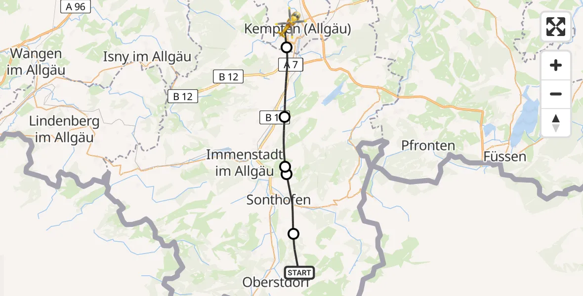 Flugroute Rettungshubschrauber Oberstdorf - Kempten (Allgäu), 24 August 2026, 13:50