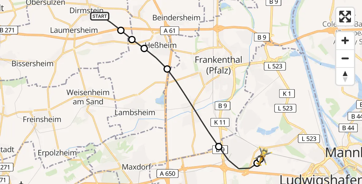 Flugroute Rettungshubschrauber Dirmstein - Ludwigshafen Accident Hospital, 24 August 2026, 13:52