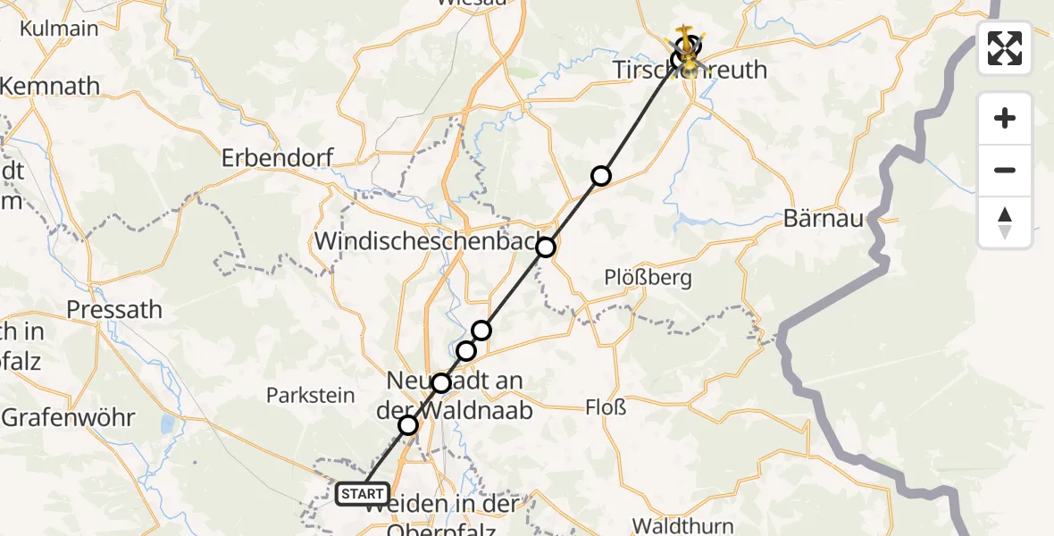 Flugroute Ambulanzhubschrauber Weiden i.d.OPf. - Tirschenreuth Hospital, 24 August 2026, 13:52