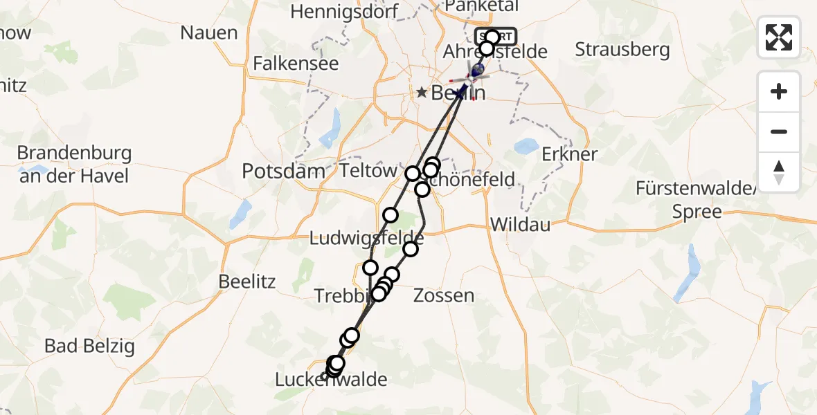 Flugroute Polizeihubschrauber Ahrensfelde Hubschrauberlandeplatz - Berlin, 24 August 2026, 13:54