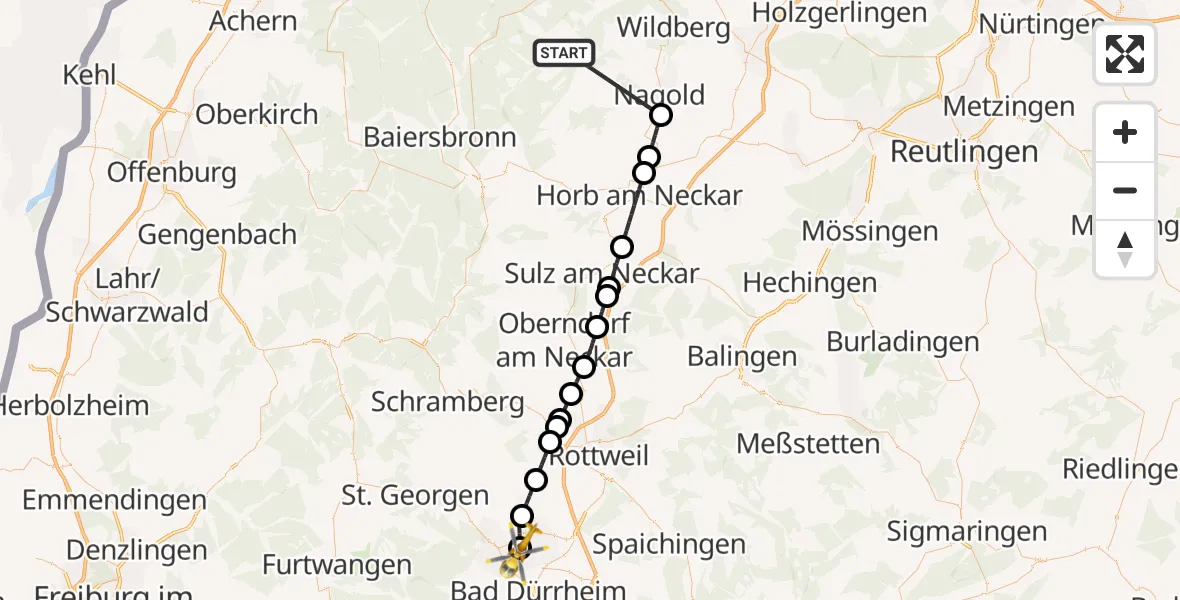 Flugroute Ambulanzhubschrauber Altensteig - DRF Air Rescue Station Villingen-Schwenningen Hubschrauberlandeplatz (Christoph 11), 24 August 2026, 13:56
