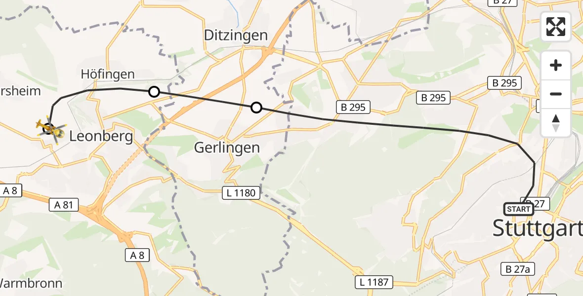 Flugroute Rettungshubschrauber Stuttgart - Leonberg Hospital Hubschrauberlandeplatz, 24 August 2026, 14:00