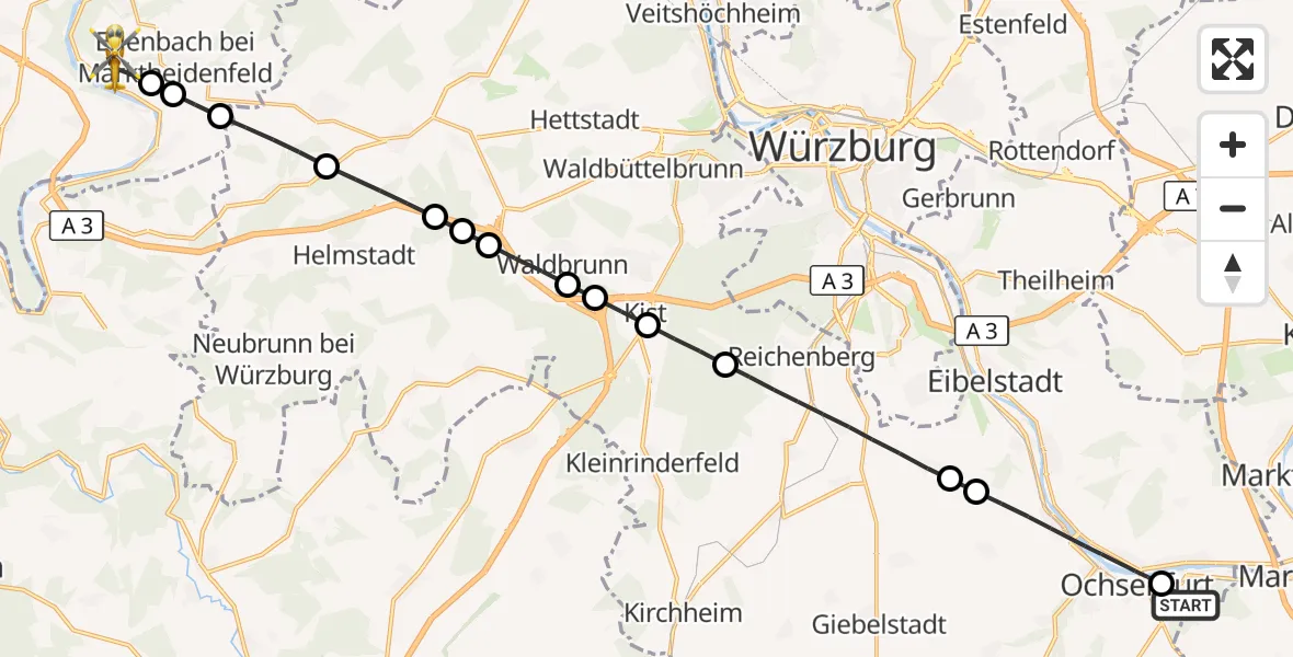 Flugroute Rettungshubschrauber Ochsenfurt Hospital - Triefenstein, 24 August 2026, 14:05