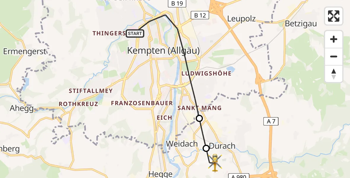 Flugroute Rettungshubschrauber Kempten (Allgäu) - Kempten-Durach Flugplatz, 24 August 2026, 14:18