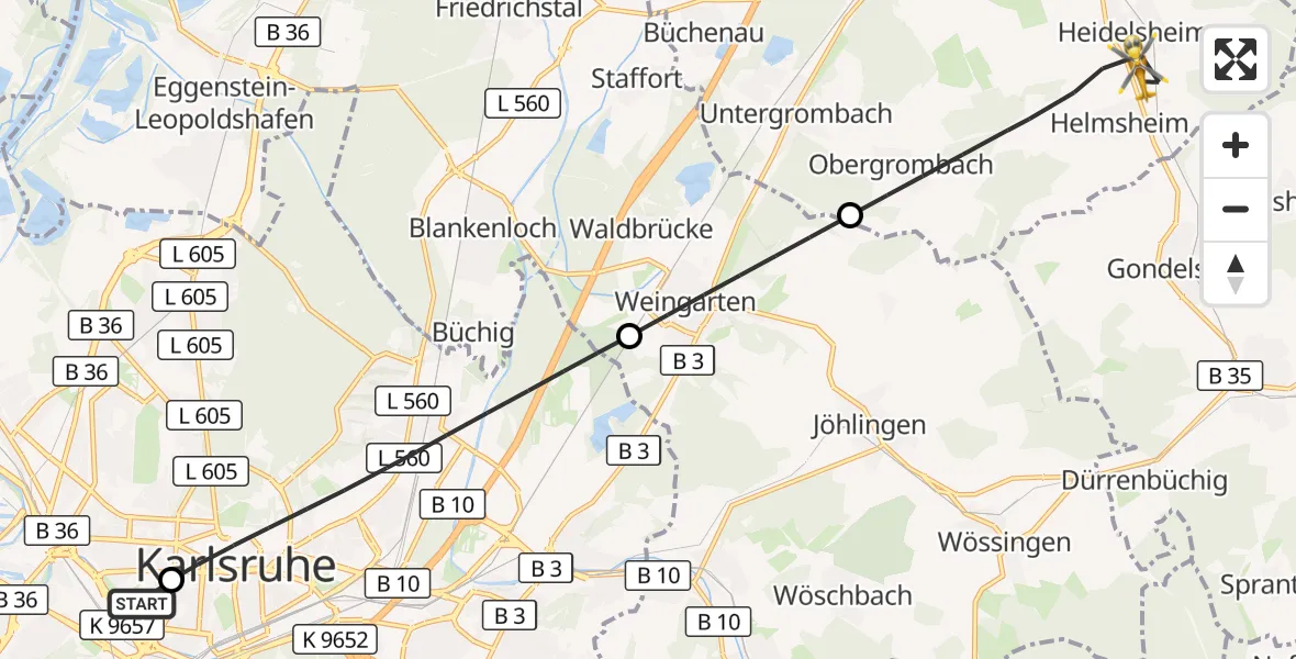 Flugroute Ambulanzhubschrauber Sankt Vincentius Hospital - Bruchsal, 24 August 2026, 14:20