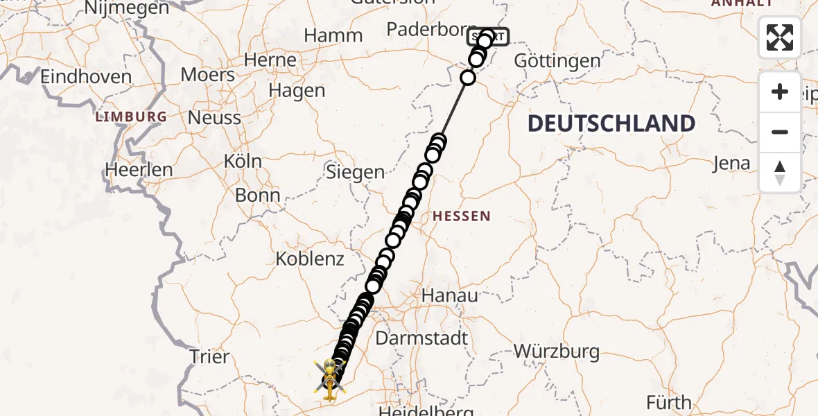 Flugroute Rettungshubschrauber Höxter - Rockenhausen, 24 August 2026, 14:22