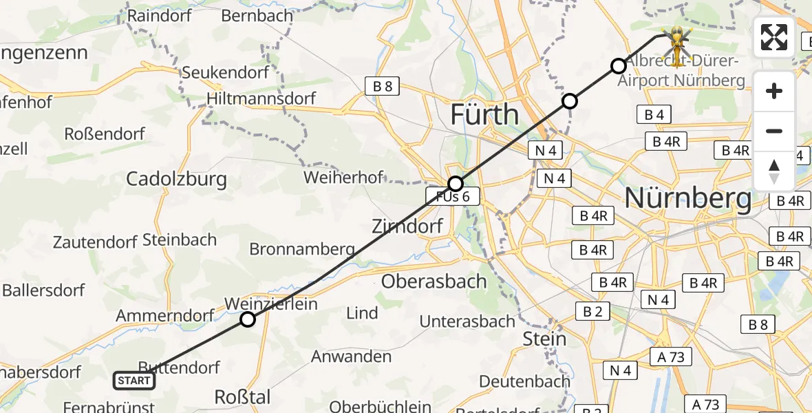 Flugroute Ambulanzhubschrauber Roßtal - Flughafen Nuremberg, 24 August 2026, 14:23