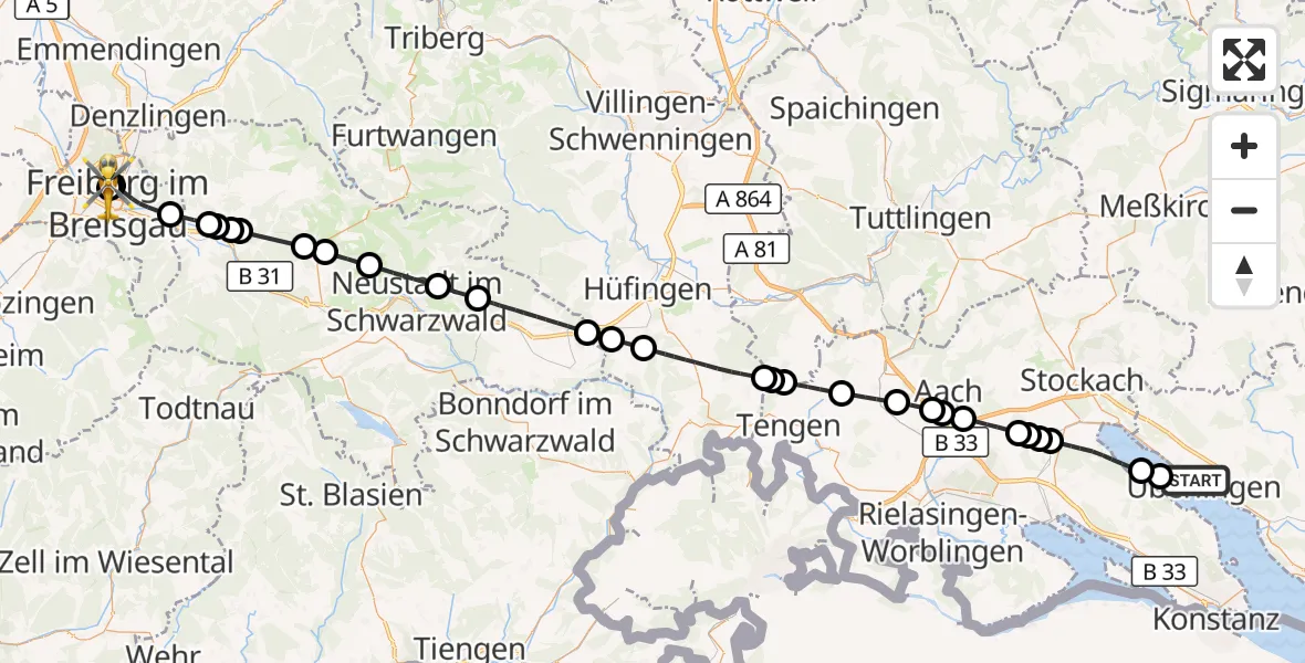 Flugroute Rettungshubschrauber Überlingen - Freiburg University Hospital Heliport 1, 24 August 2026, 14:43